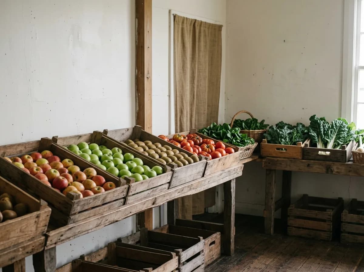 The inside of a fruit and vege store with produce displayed in crates
