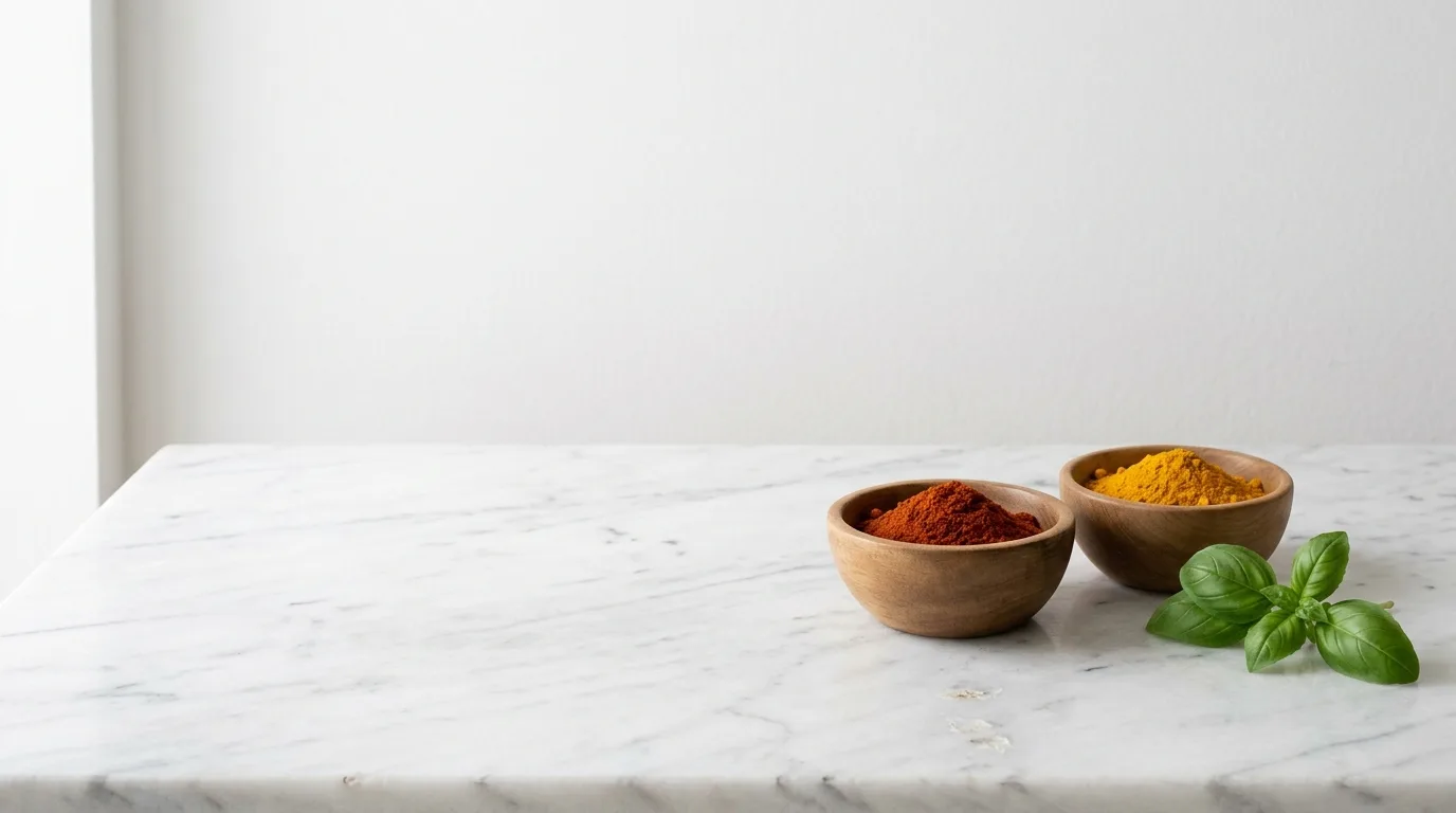 Two wooden bowls of spice on a white surface with fresh basil leaves